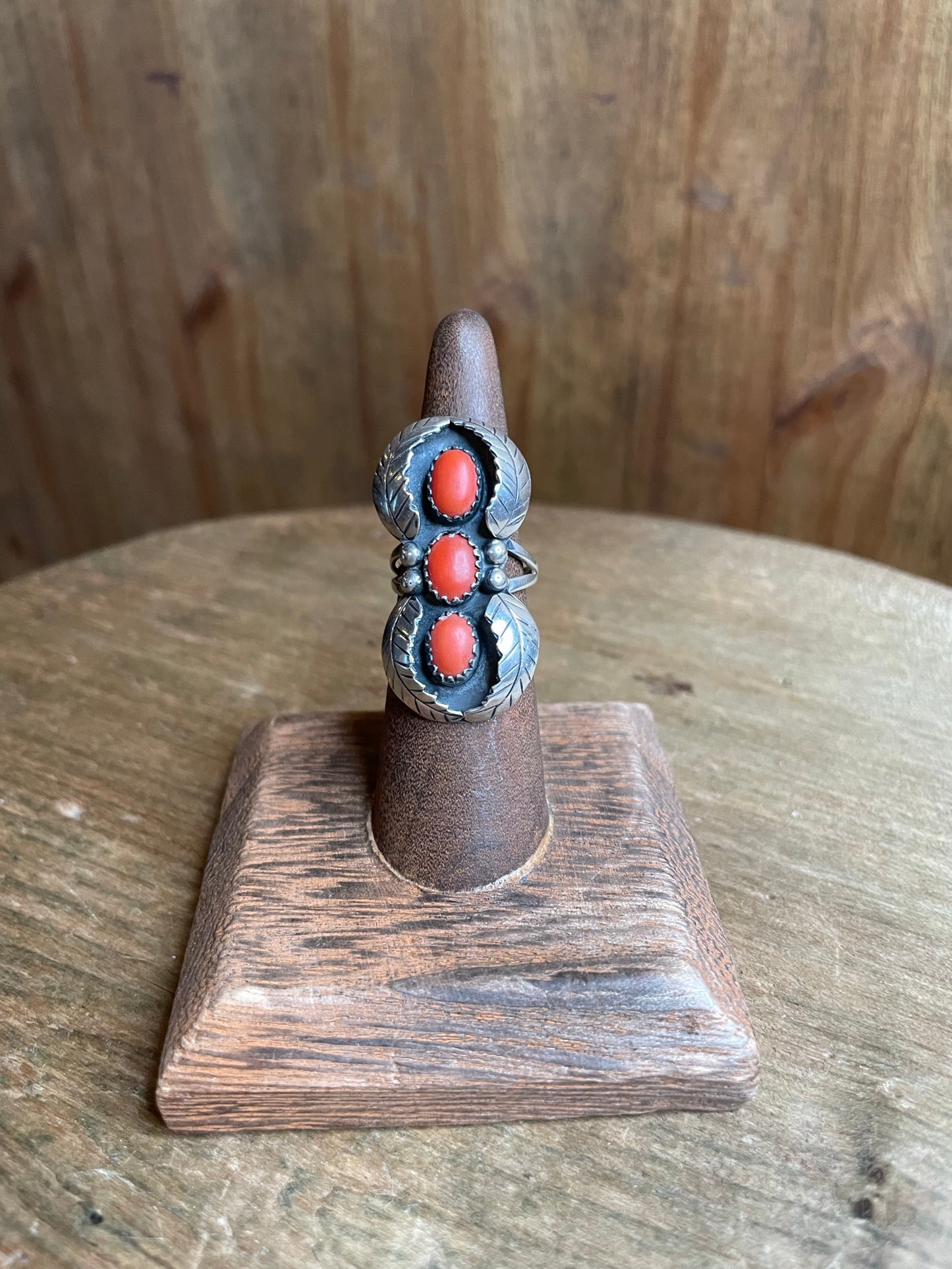 Sterling & Coral Ring w/ Feather Accents