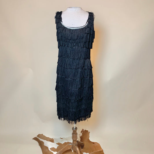 Vintage Black Fringe Bedazzled Flapper Dress (L)
