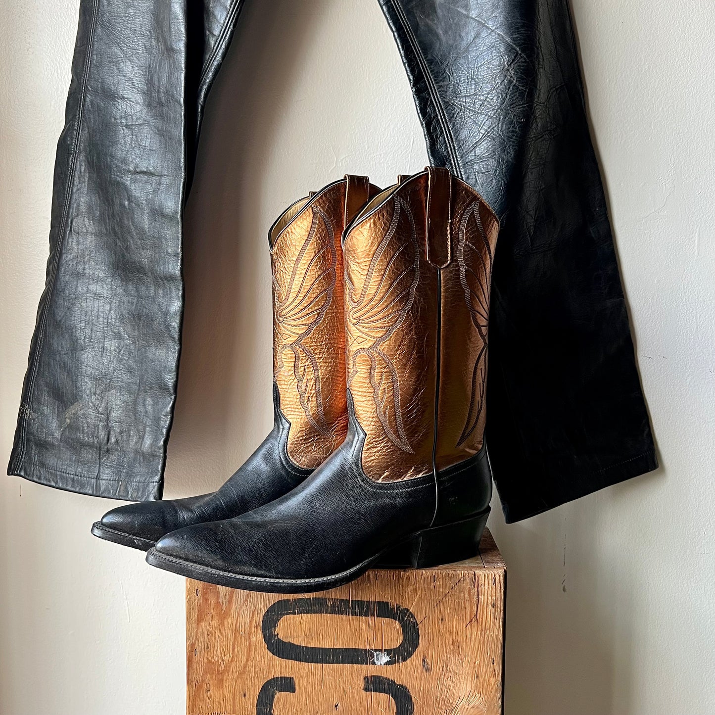 Vintage Anderson Bean Black & Bronze Metallic Cowboy Boots / men's 10