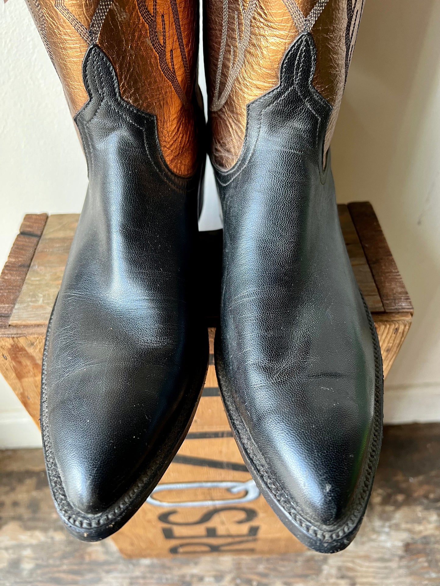 Vintage Anderson Bean Black & Bronze Metallic Cowboy Boots / men's 10