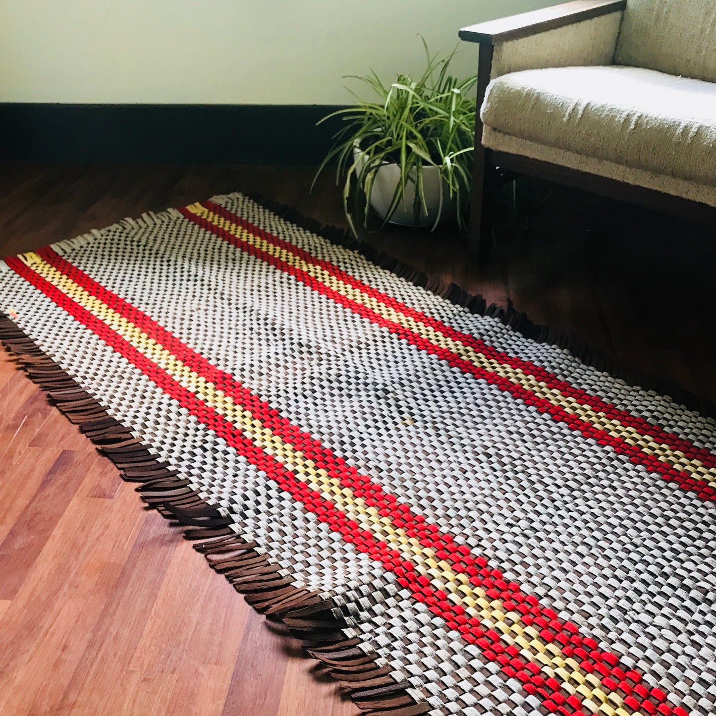 1930s Woven Brown, Cream and Yellow Felt Rug 75"x34"