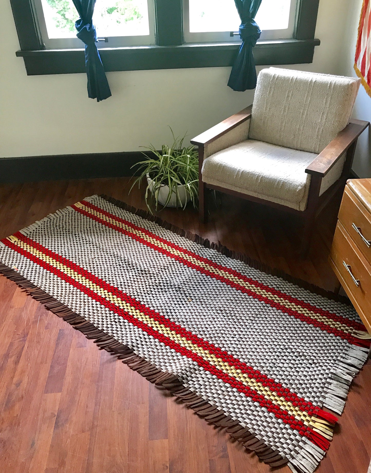 1930s Woven Brown, Cream and Yellow Felt Rug 75"x34"