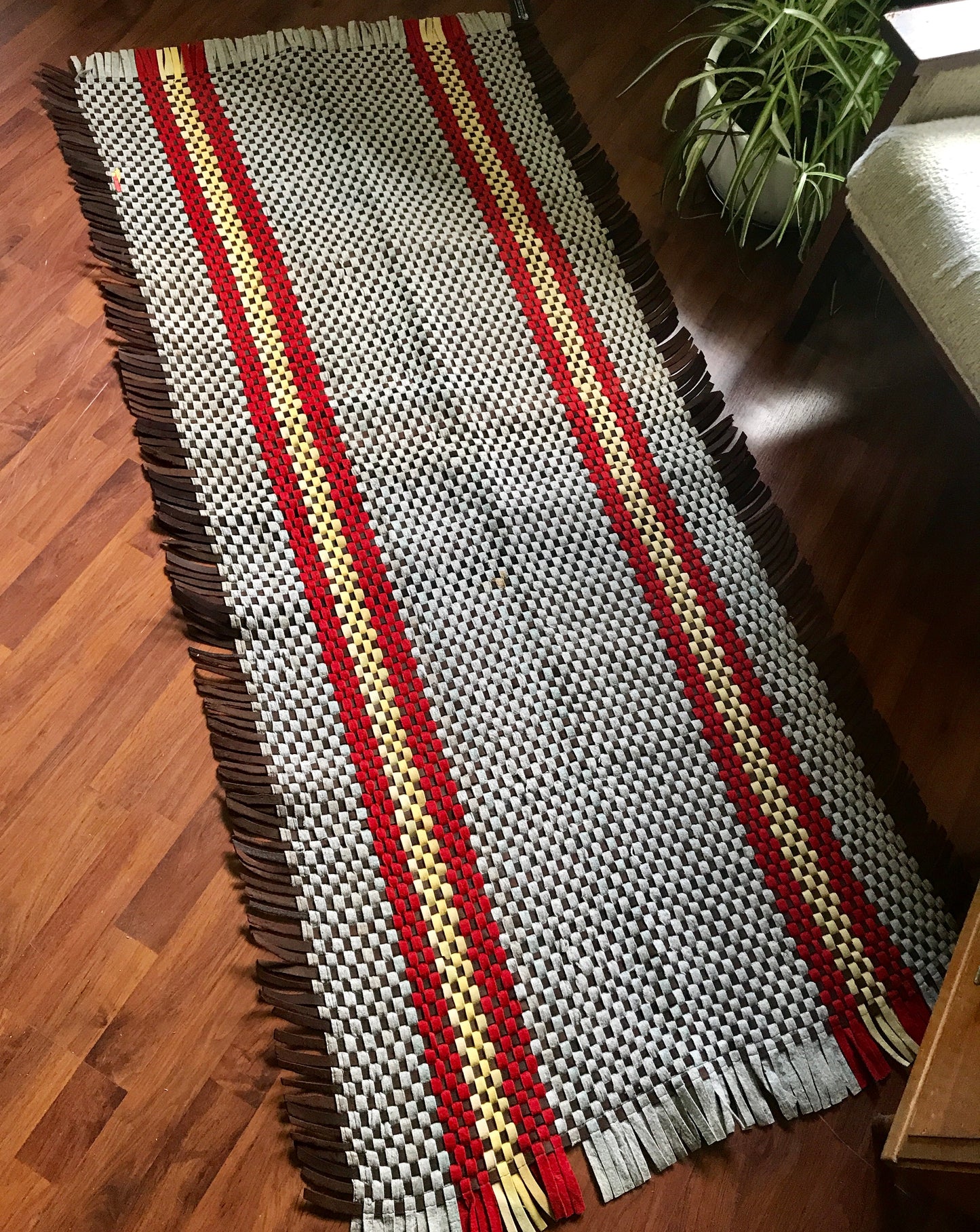 1930s Woven Brown, Cream and Yellow Felt Rug 75"x34"