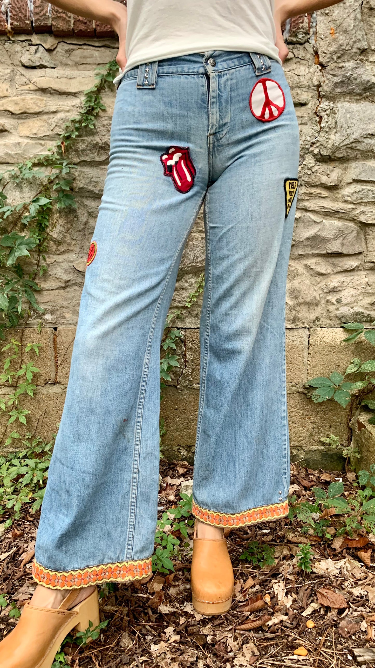 1960s Embroidered & Patched Flare Jeans 28x30 (women's 2/4)