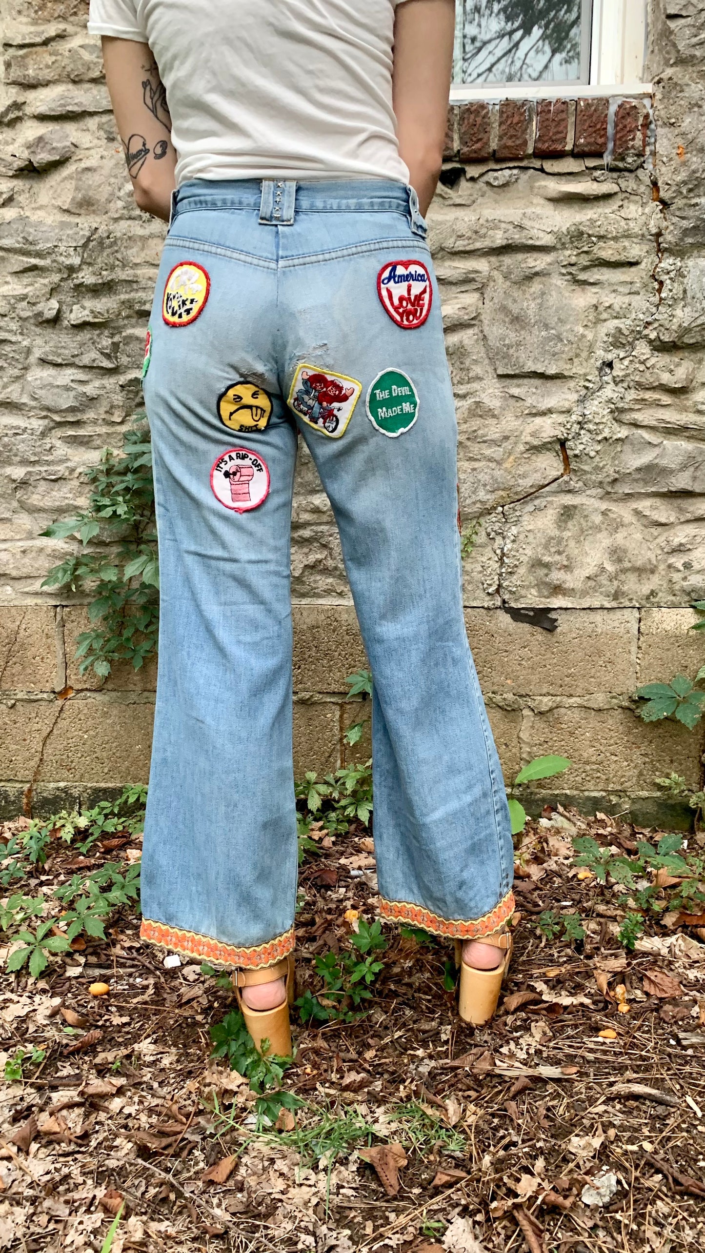 1960s Embroidered & Patched Flare Jeans 28x30 (women's 2/4)