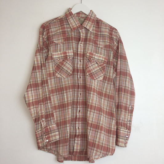 Vtg. Soft Salmon Plaid Dee Cee Pearl Snap Shirt