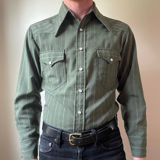 1950s Striped Green Gabardine Pearl Snap Shirt (S/M)