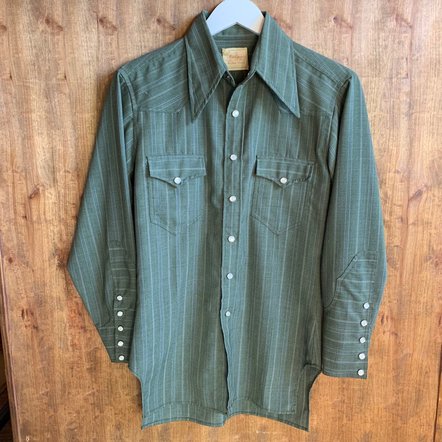 1950s Striped Green Gabardine Pearl Snap Shirt (S/M)