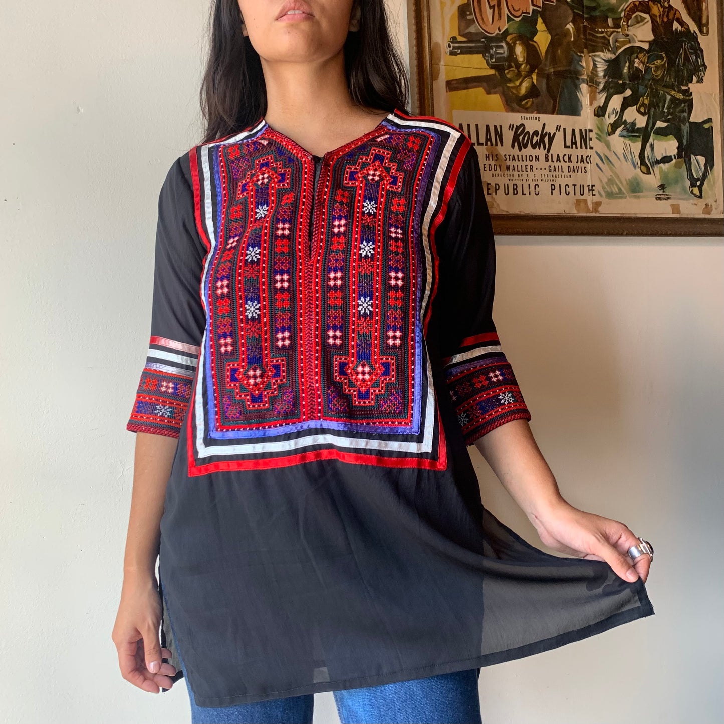 1960s Black Silk Embroidered Tunic Blouse (M)