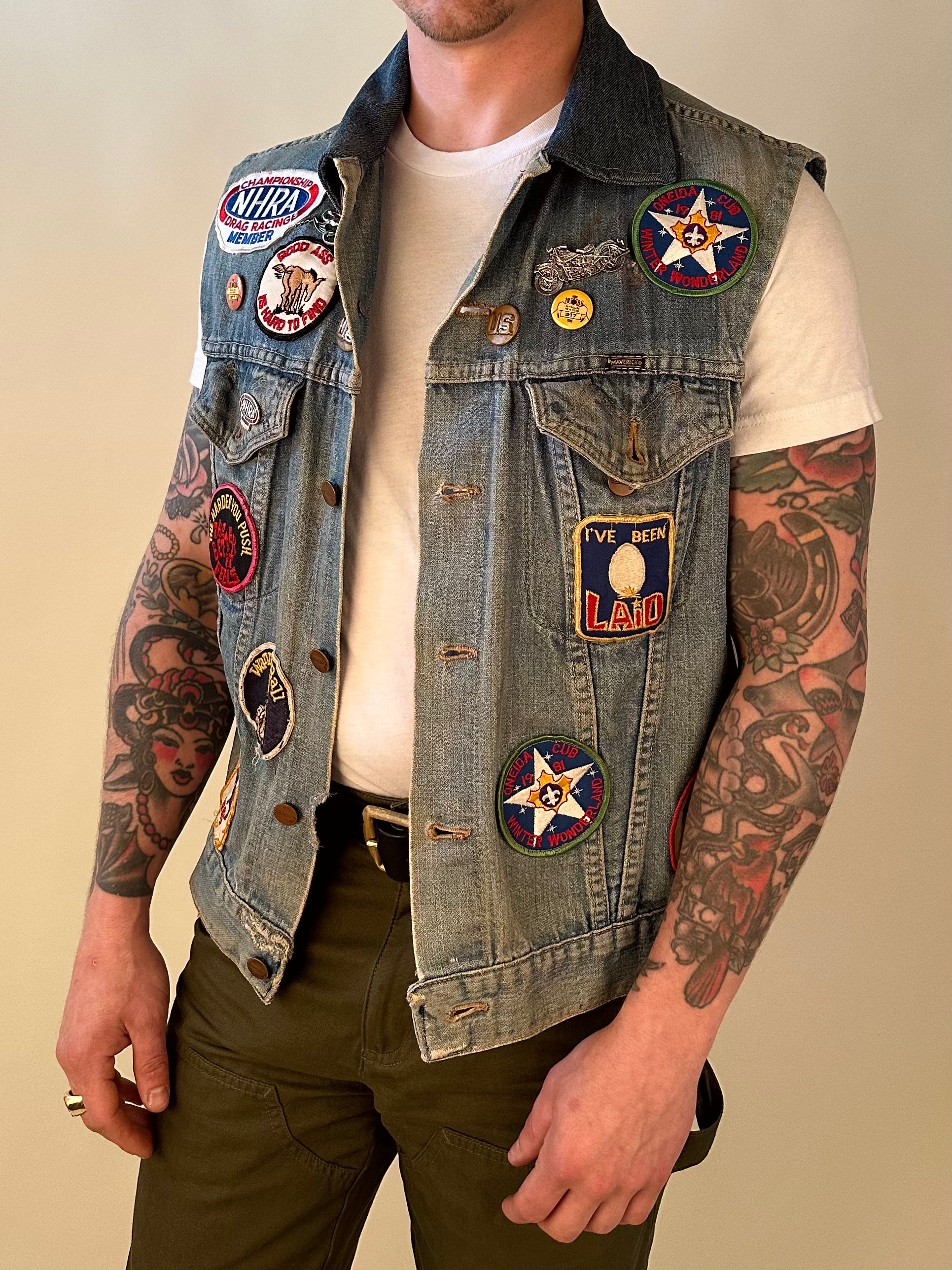 Denim biker sales vest with patches