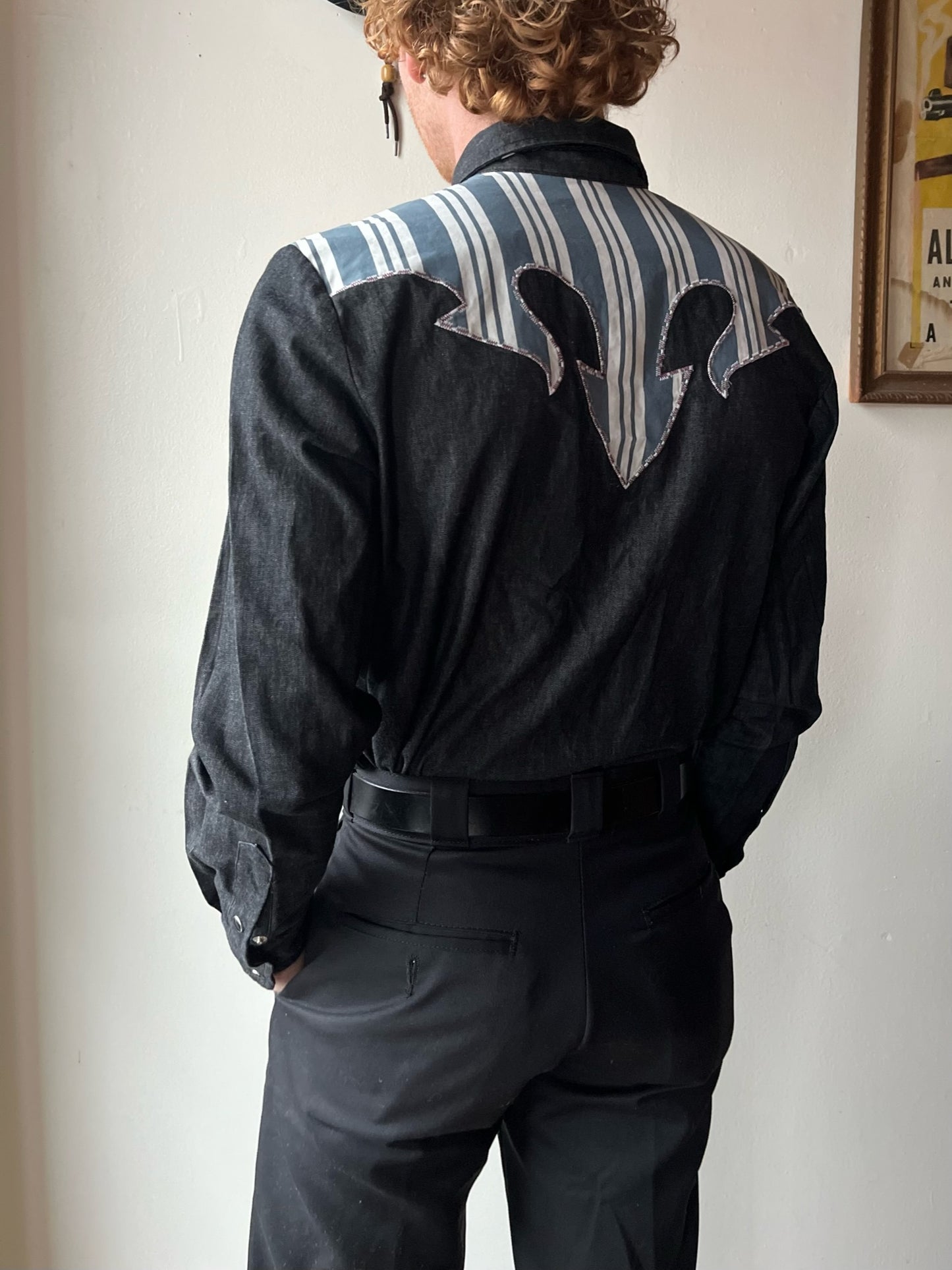 Dark Denim H Bar C Shirt w/ Stripe Appliqué (M)