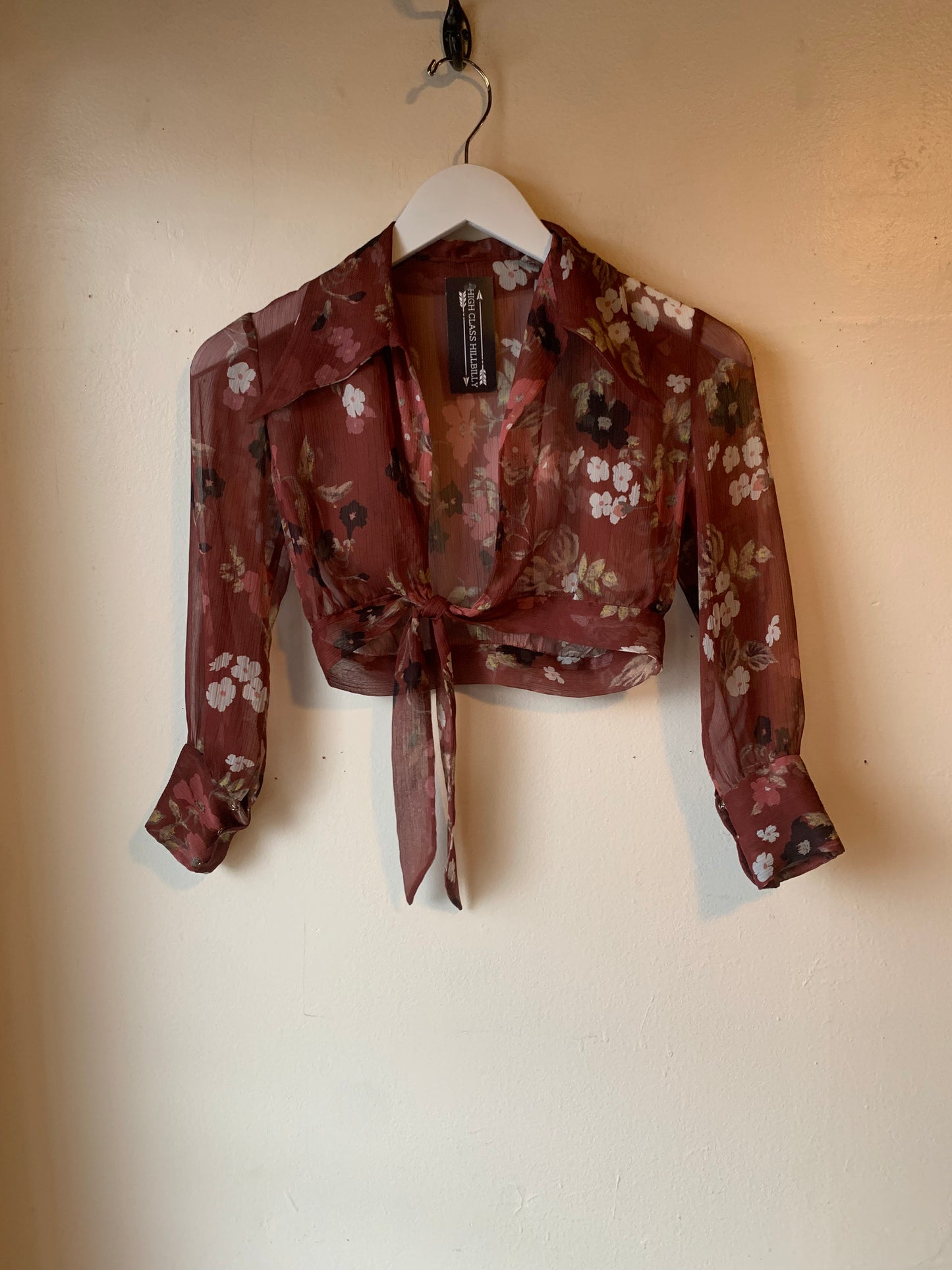Vtg Soft Sheer Maroon Floral Tie Front Blouse (XXS/XS)