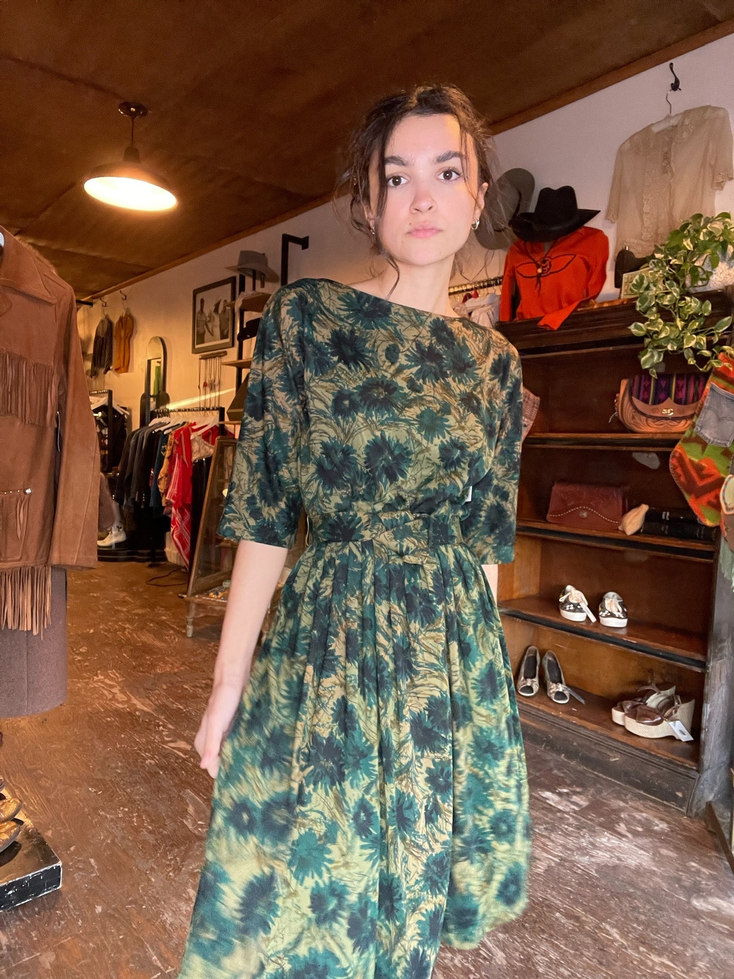 Giselle New York Dark Green Floral Button Up Dress w/ Belt (S)