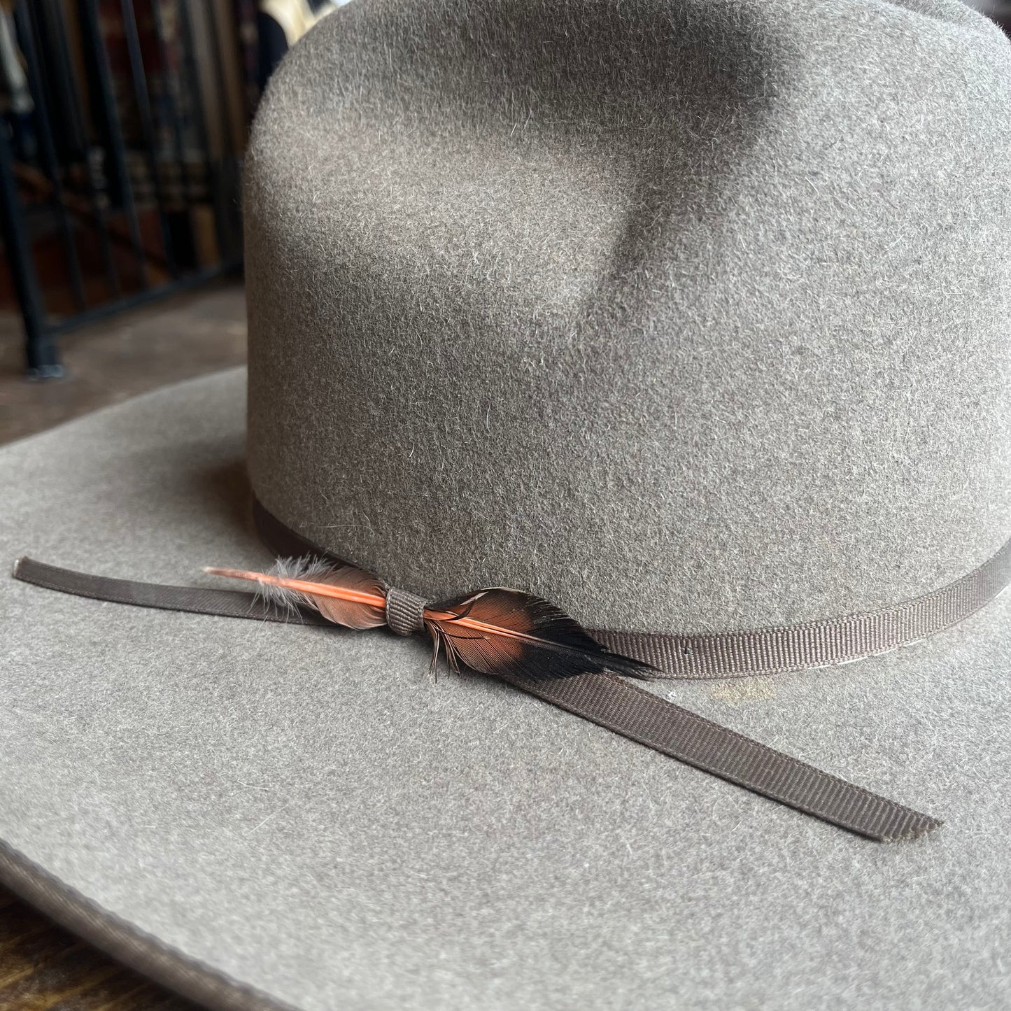 6X Serratelli Hat Co Gray Cowboy Hat w/ Orange Feather 7