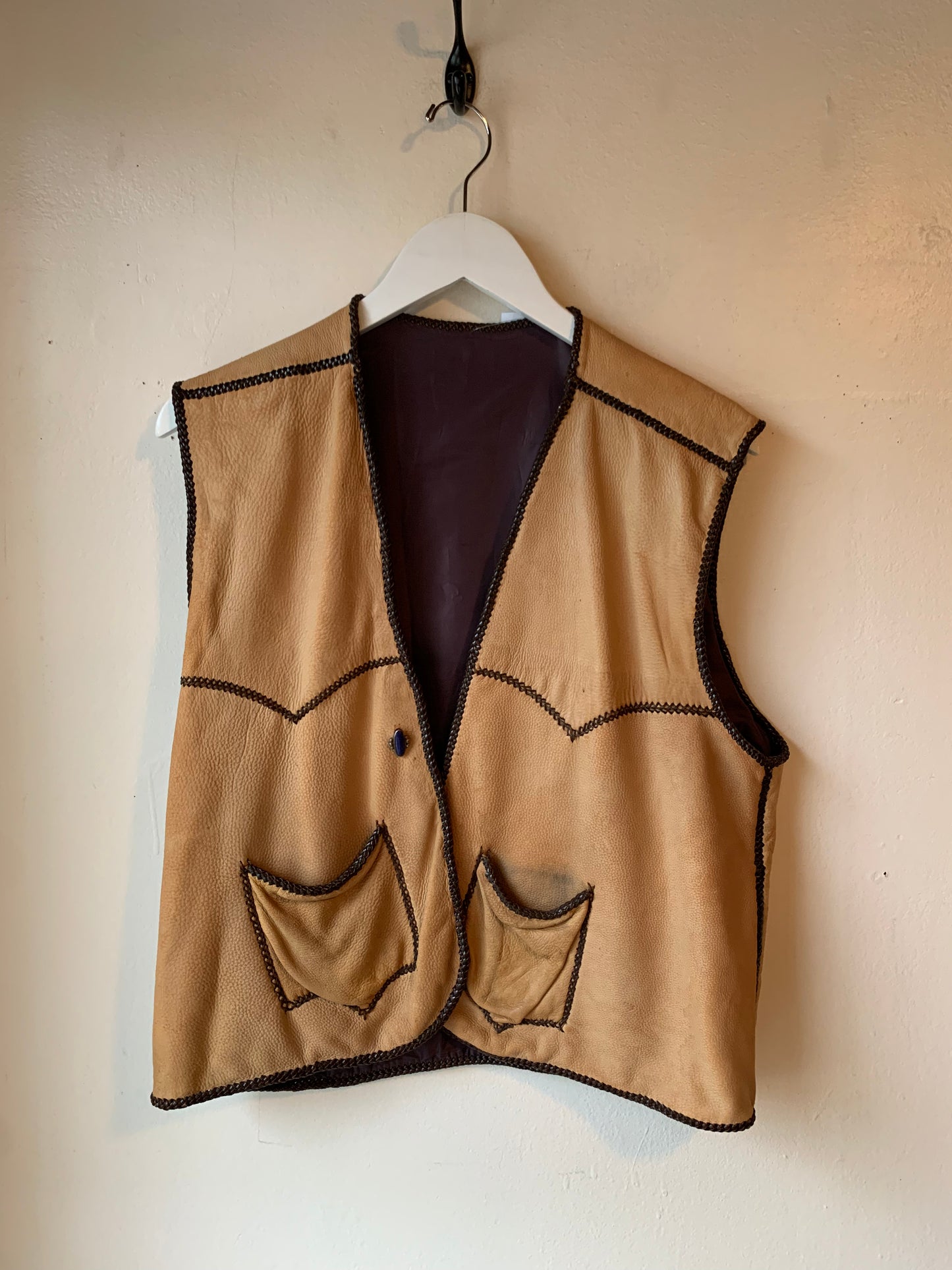 Vintage Lined Leather Vest w/ Sterling Button (S/M)