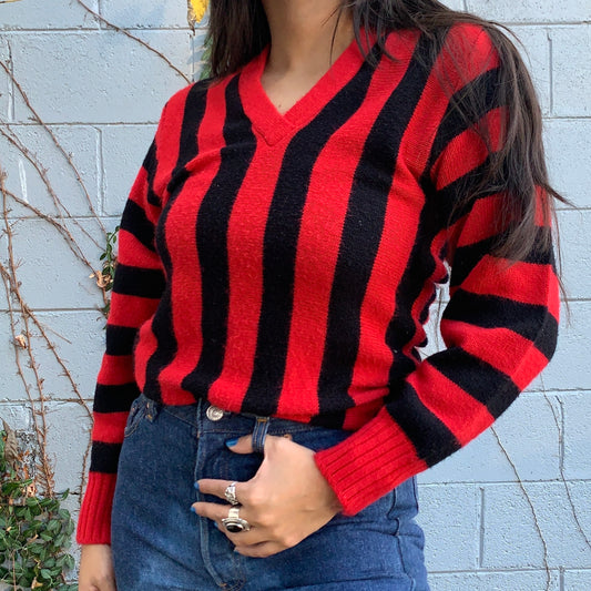 Red & Black Striped V Neck Sweater (M)