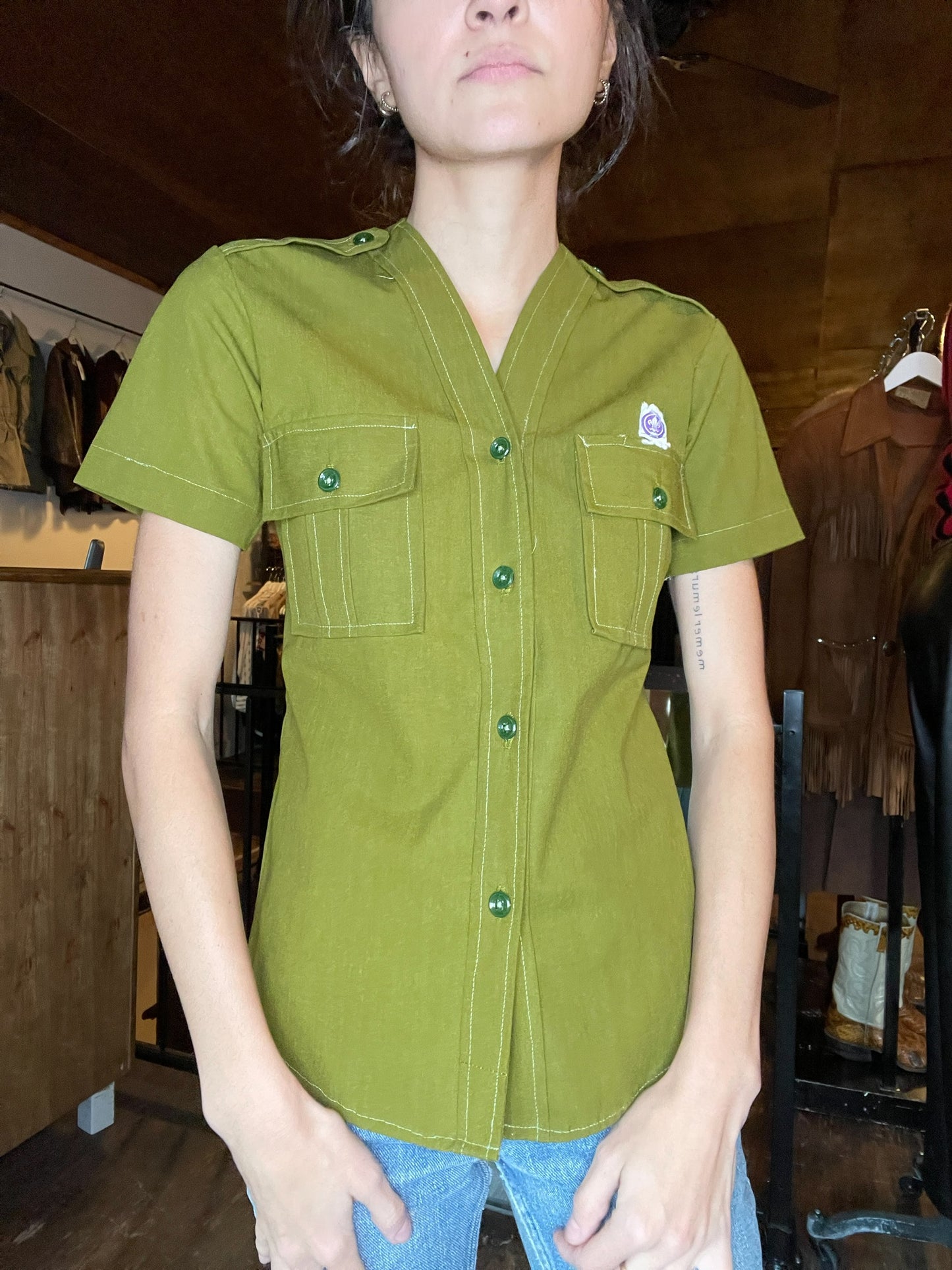 Army Green Button Up w/ Fleur De Lis Patch